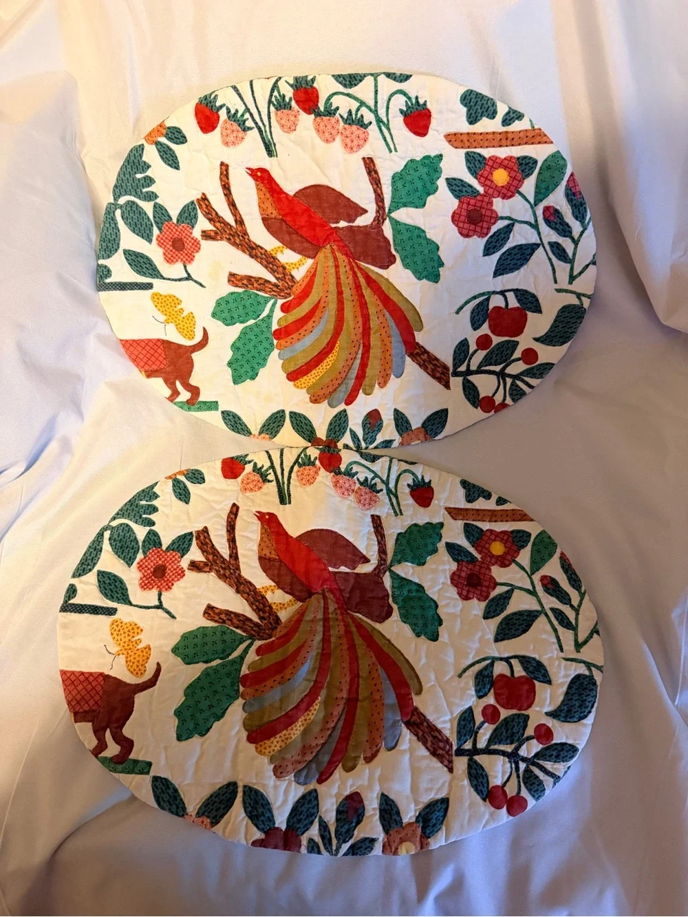 Handmade Quilted Bird Floral Oval Placemats Set of 2 Cottagecore Farmhouse 11x16